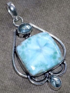 Larimar, Blue Topaz Gemstone 925 Sterling Silver Handmade Pendant Necklace